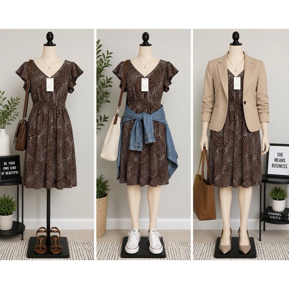 A New Day Midi Shirt Dress Women L Brown  Short Sleeve Leaf Print  Midi NWT